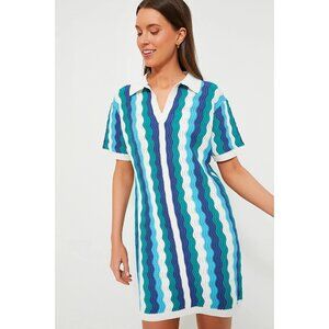 HYACINTH HOUSE TUCKERNUCK Aqua Wavy Sammie Mini Dress Collared Beach Preppy XL